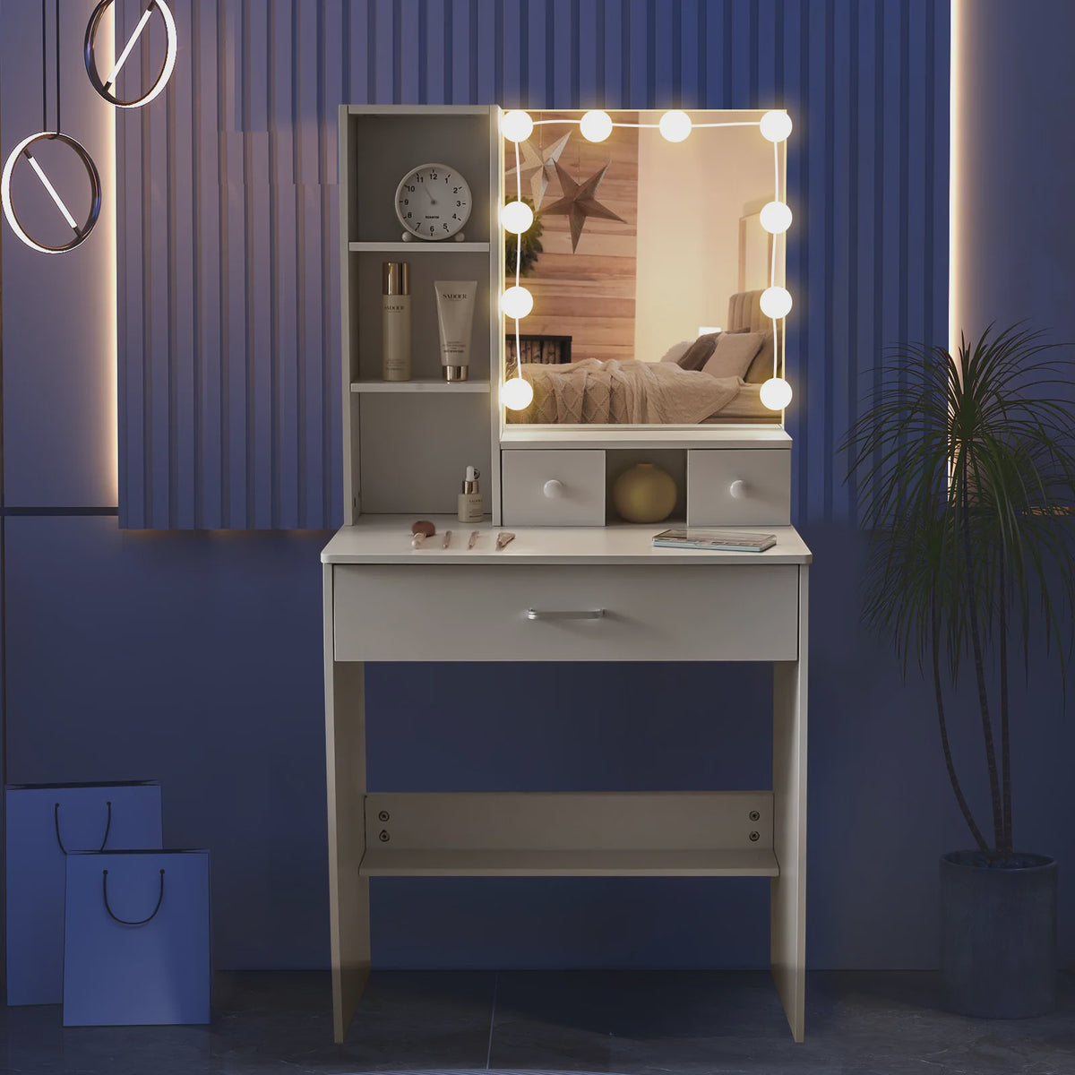 Witte Kaptafel met LED Verlichting & Spiegel - Compact Make-up Tafelmeubel voor Kleine Ruimtes