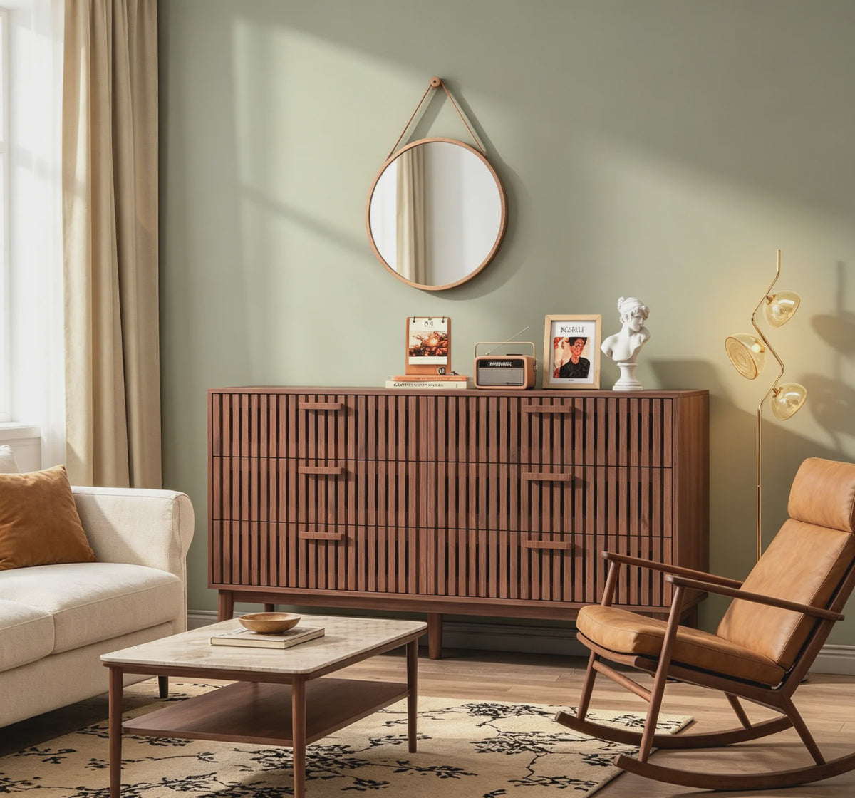 Ladekast met Rotan Front - Massief Hout - Mid-Century Modern Design