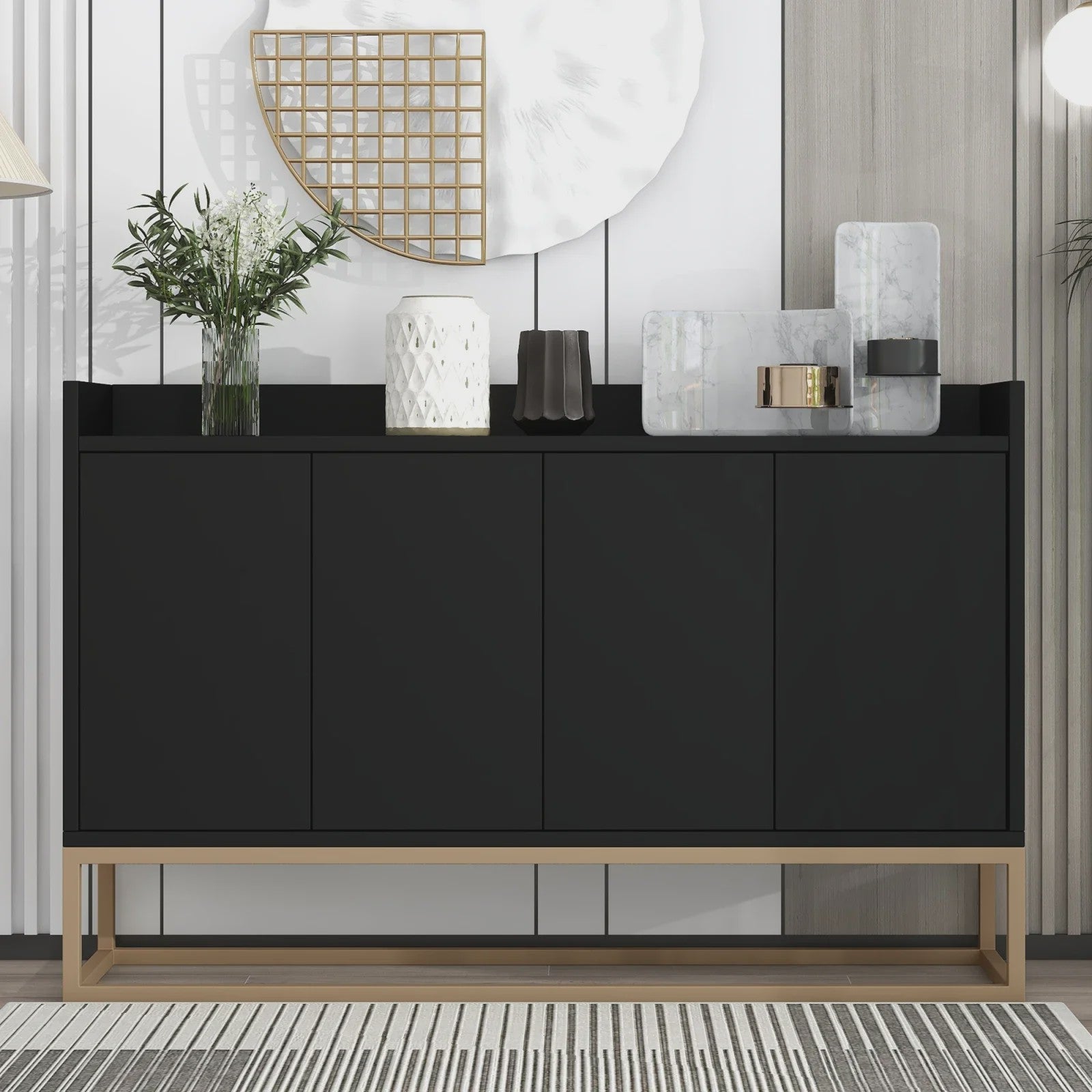 Modern Dressoir met 4 Deuren en Handgreep-loos Design - Wit, Zwart of Blauw
