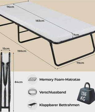 Opvouwbaar Gastenbed met 7cm Traagschuim Matras - 80x190cm - Comfortabel en Draagbaar