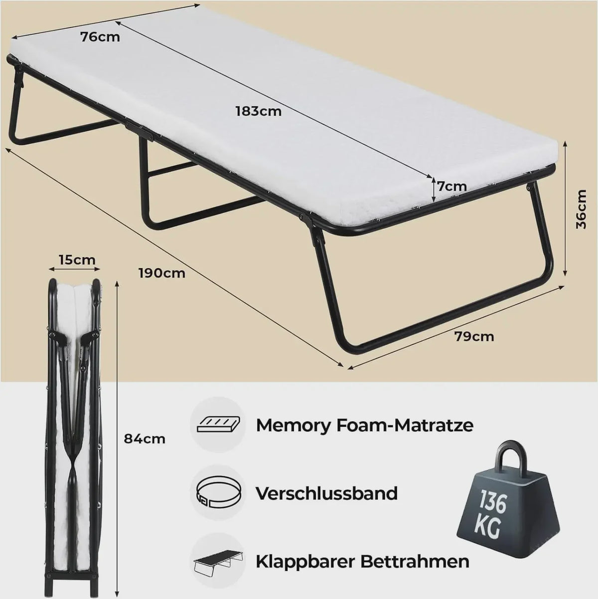 Opvouwbaar Gastenbed met 7cm Traagschuim Matras - 80x190cm - Comfortabel en Draagbaar