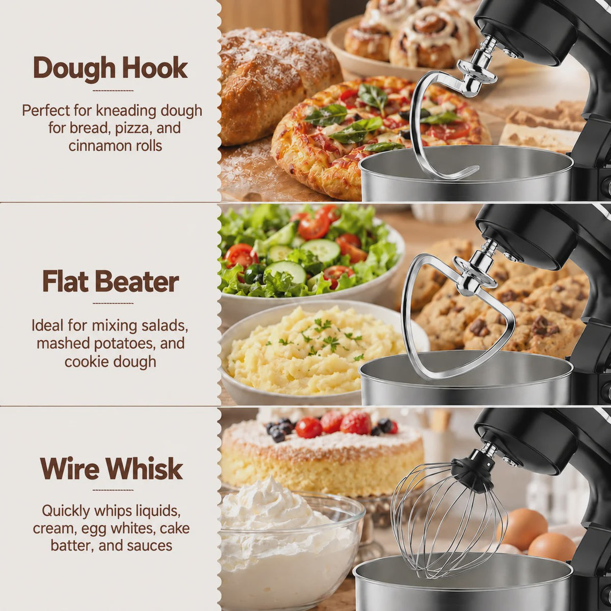 Krachtige 5.2L Keukenmachine 3-in-1: Mixen, Kneden & Kloppen voor Brood, Cake & Meer