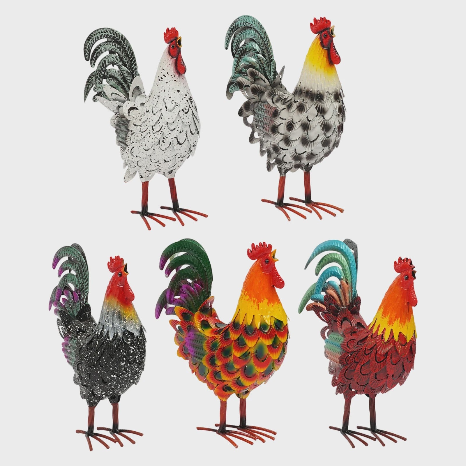 Set van 5 Metalen Haan Tuindecoratie Beelden - Farmhouse Stijl
