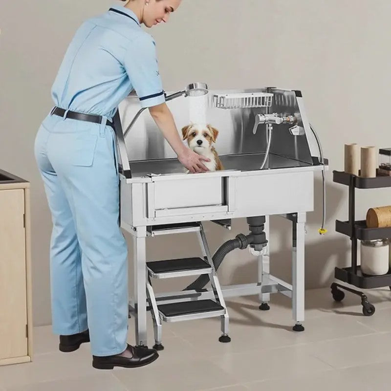 RVS Hondendouche & Wasstation 87cm met Ladder, Kraan en Douchekop - Professionele Dierenverzorging