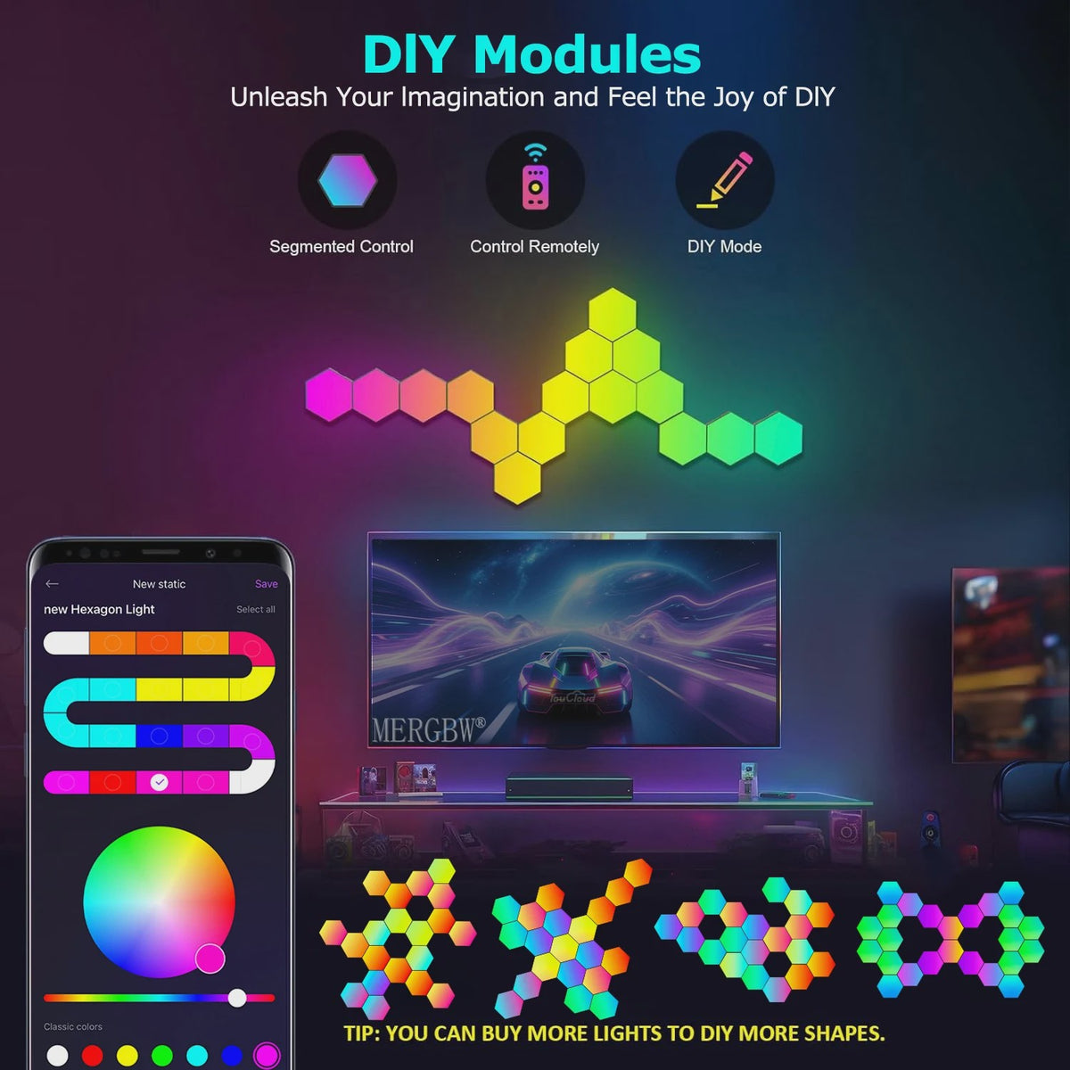Modulaire Hexagon LED Wandlampen - RGB, Muziek Sync, App Bediening & USB
