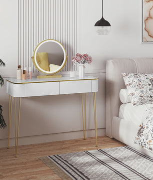 Elegante Witte Kaptafel met LED Spiegel en 3 Verlichtingsniveaus - Make-up Tafel met Grote Lades