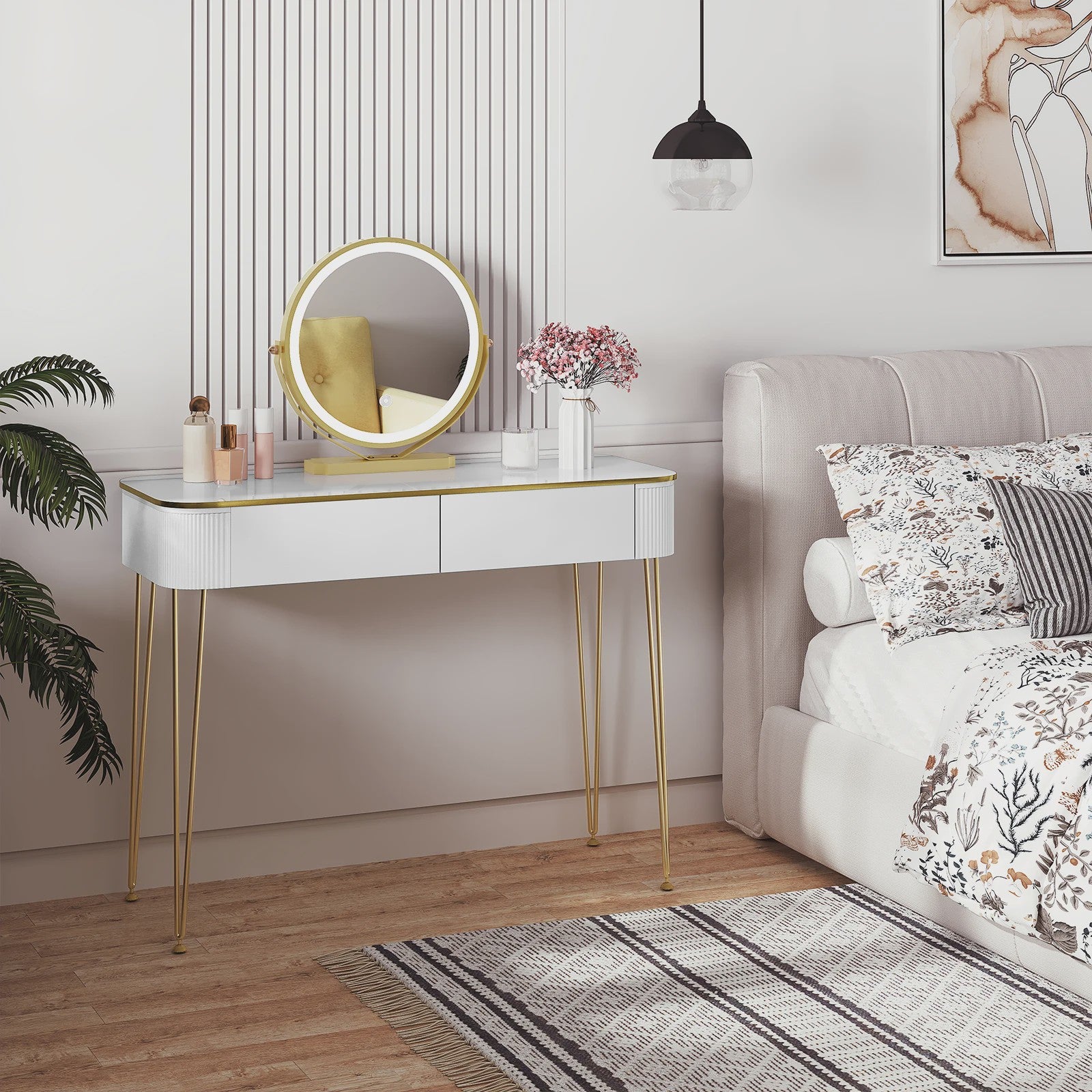 Elegante Witte Kaptafel met LED Spiegel en 3 Verlichtingsniveaus - Make-up Tafel met Grote Lades