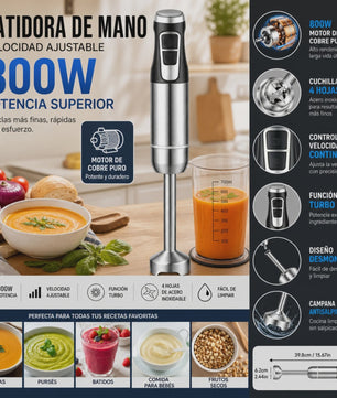 800W Staafmixer met Koperen Motor, 4-Blads Mes, Variabele Snelheid & Turbo