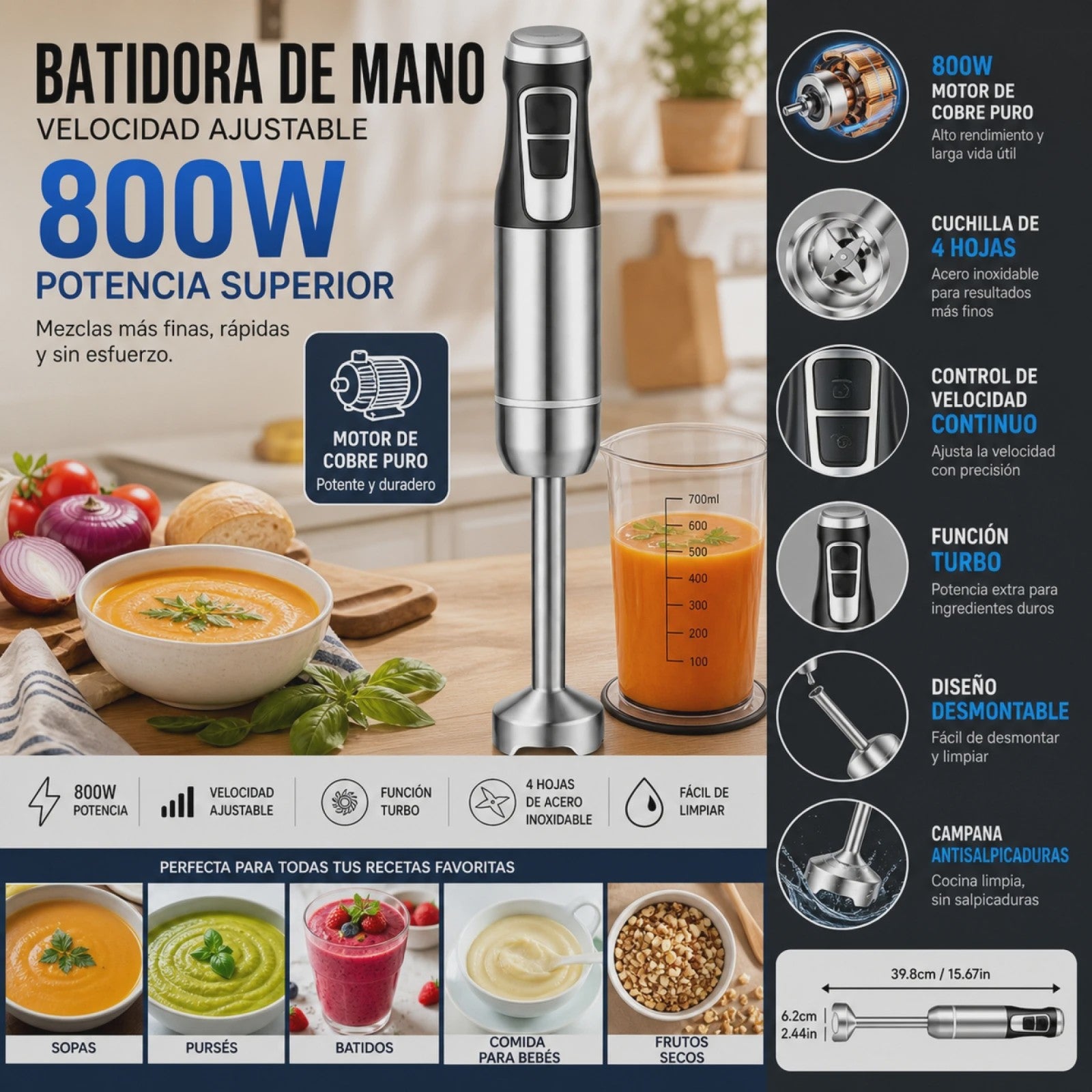 800W Staafmixer met Koperen Motor, 4-Blads Mes, Variabele Snelheid & Turbo
