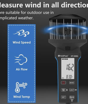 HP-5000G Digitale Anemometer: Compact, Waterdicht, Oplaadbaar met Touchscreen & Backlight