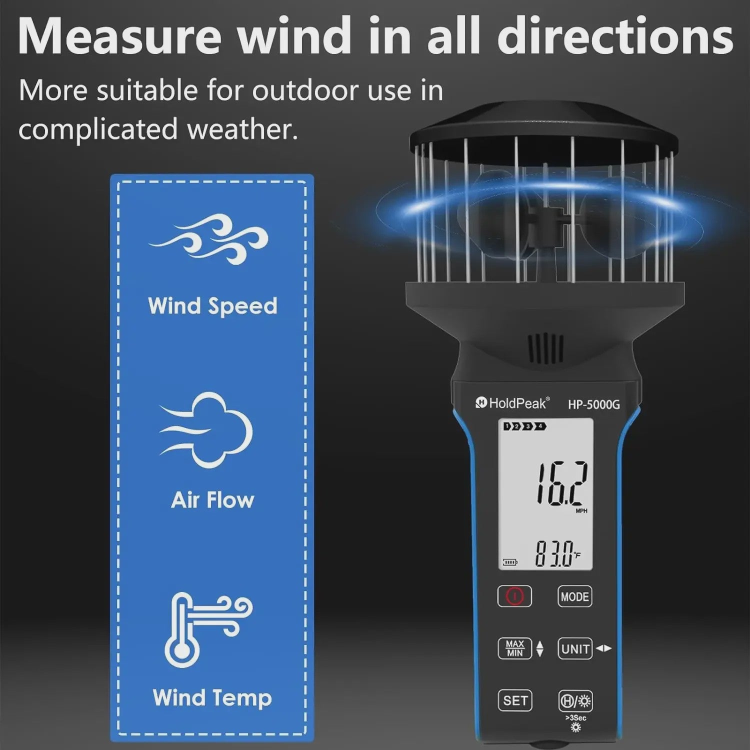 HP-5000G Digitale Anemometer: Compact, Waterdicht, Oplaadbaar met Touchscreen & Backlight