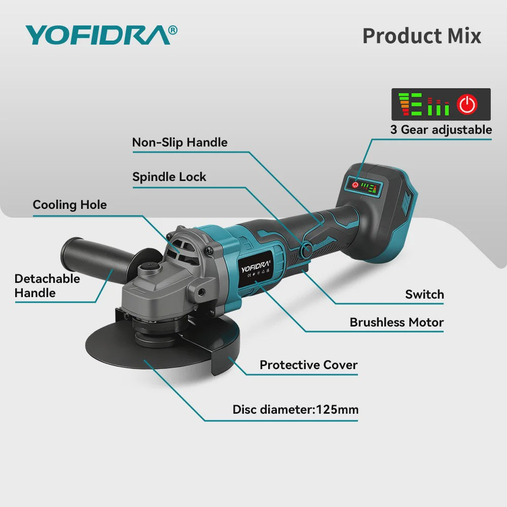 YOFIDRA Accu Haakse Slijper 125mm M14 - Borstelloze Motor, 21V Kracht