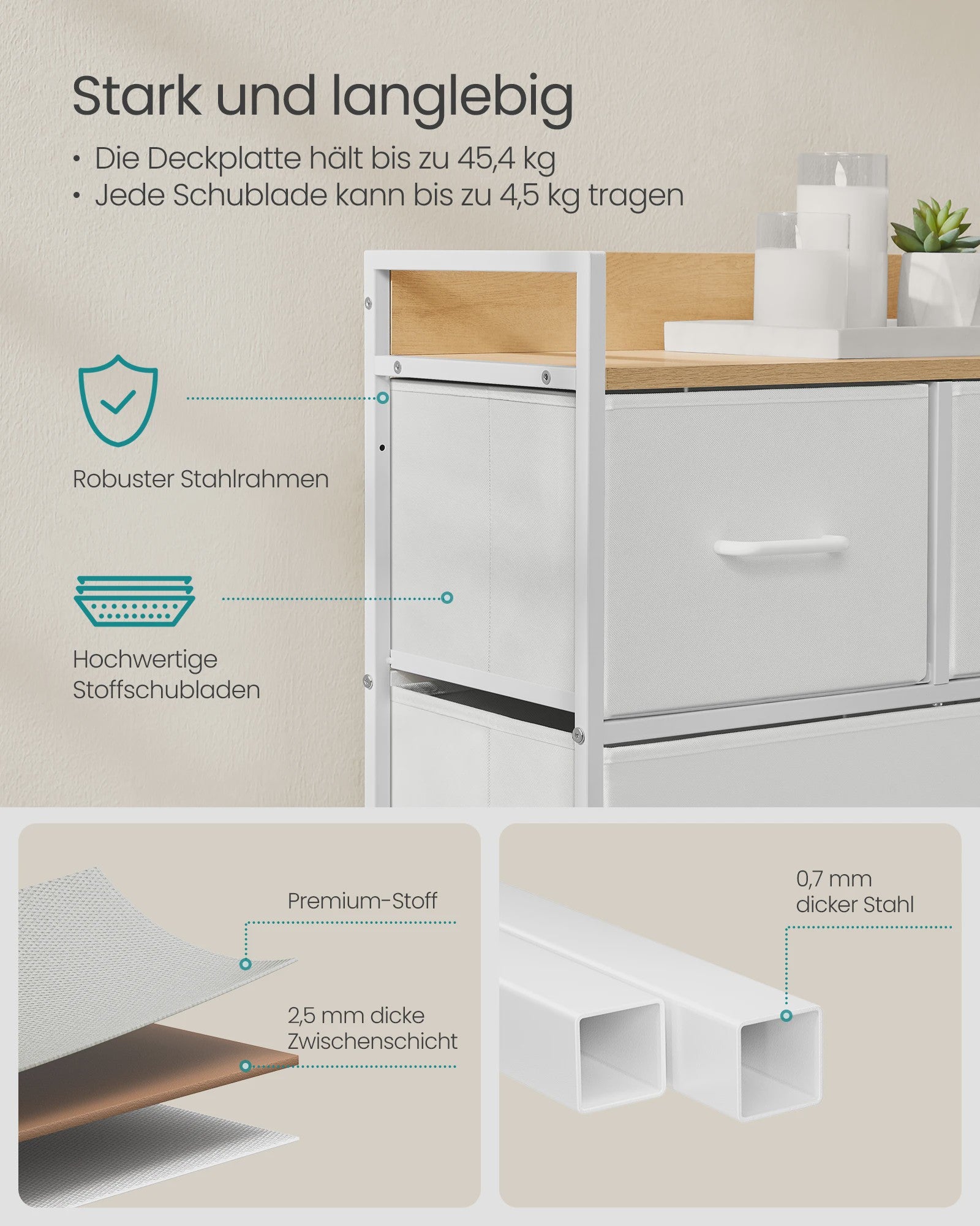 Stijlvolle Ladekast met 5 Stoffen Lades - Opbergkast voor Slaapkamer, Woonkamer of Hal