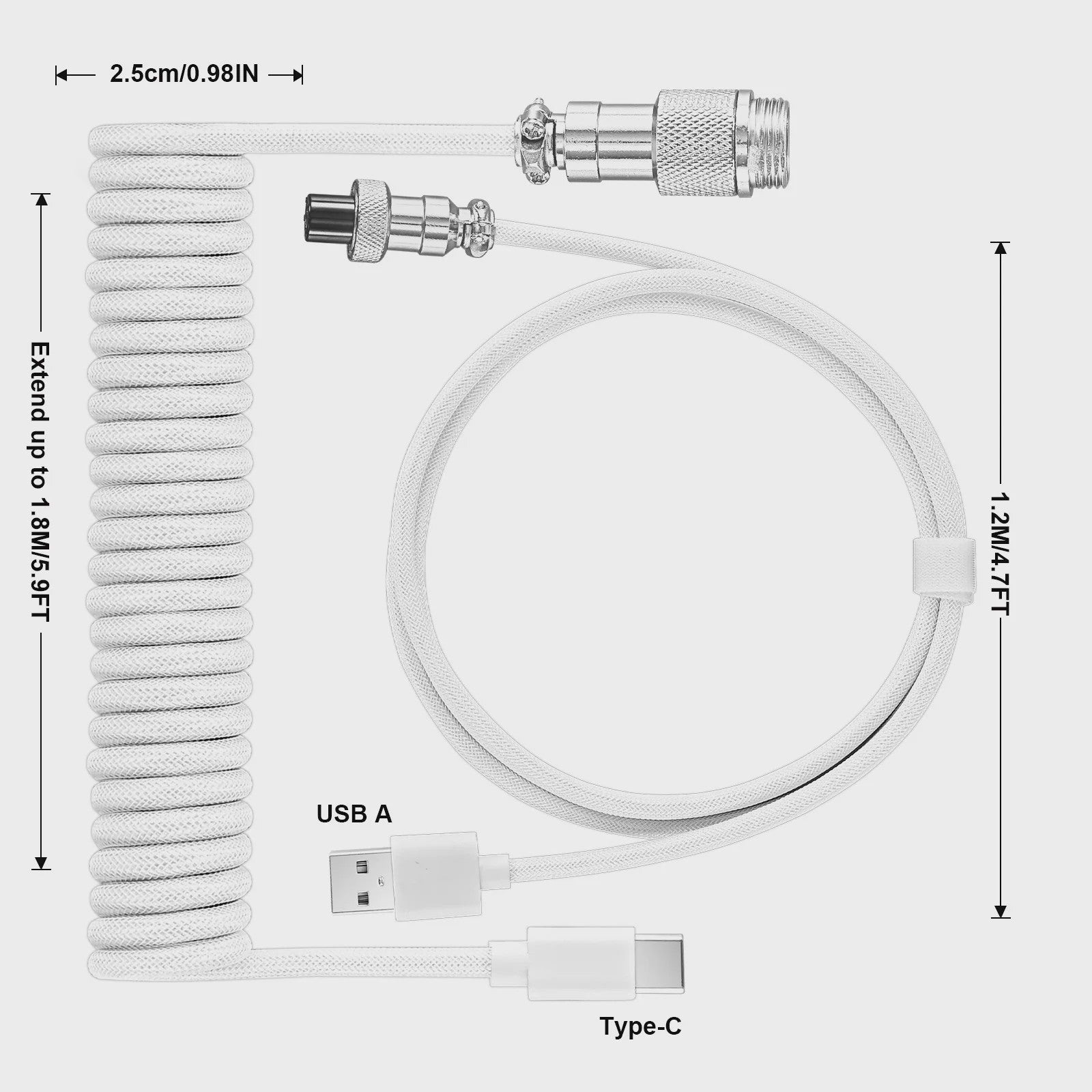 Coiled USB-C naar USB-A Keyboard Kabel met Afneembare Aviator Connector - Dubbel Sleeved