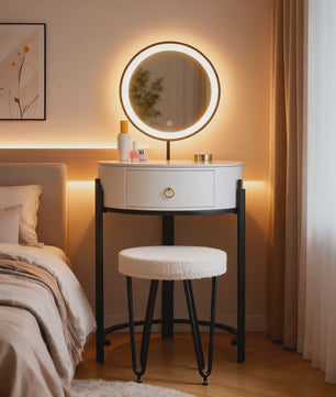 Kaptafel met LED Verlichting, Spiegel, Lade en Kruk - Modern Design