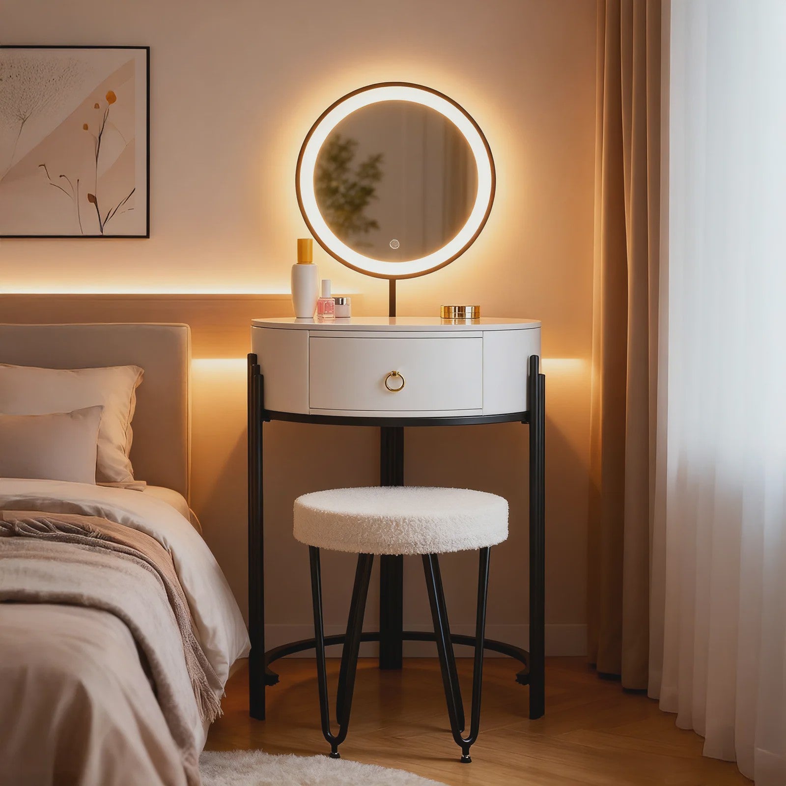 Kaptafel met LED Verlichting, Spiegel, Lade en Kruk - Modern Design