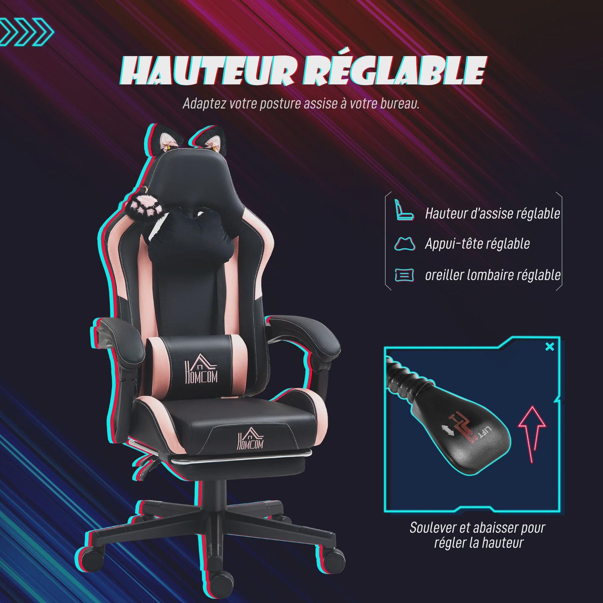 HOMCOM Ergonomische Gaming Stoel met Kattenoren - Verstelbaar & Comfortabel - Zwart
