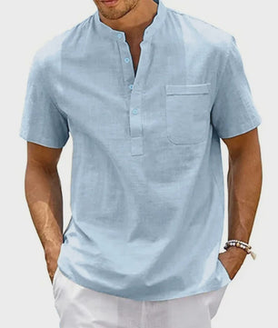 Herenshirt met Hennekhals en Borstzak - Korte Mouw, Katoen Linnen Mix - Casual & Vintage Stijl