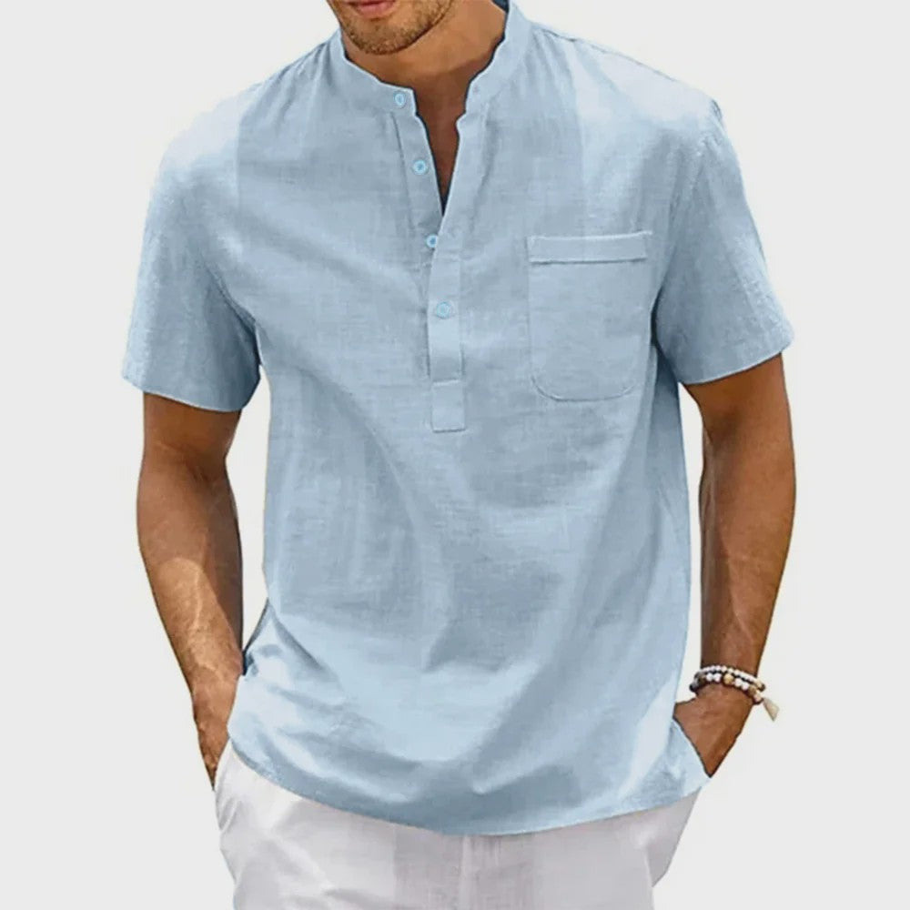 Herenshirt met Hennekhals en Borstzak - Korte Mouw, Katoen Linnen Mix - Casual & Vintage Stijl