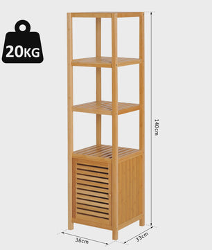 HOMCOM Bamboe Kolomkast Badkamer - 4 Niveaus met Kastje - 140 cm Hoog