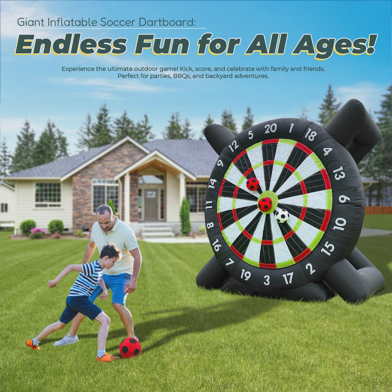 Gigantisch Opblaasbaar Voetbal Darts Bord - 3 Meter Hoog - Inclusief 8 Voetballen & Blower