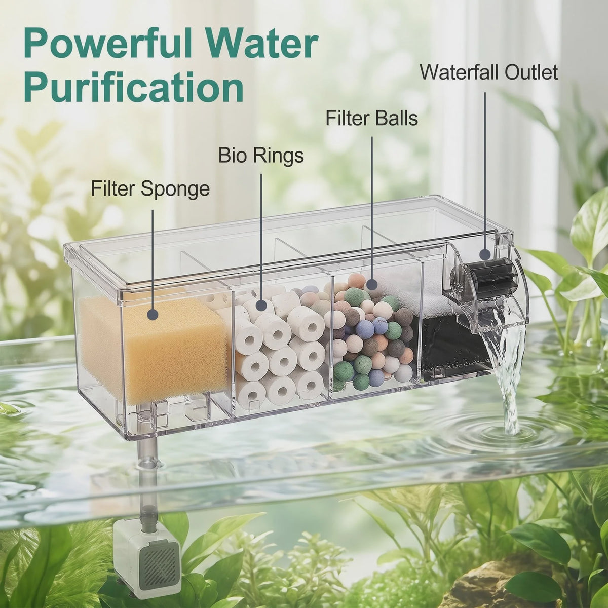 Ruimtebesparend Aquariumfilter Hang-on met Meerfasenfiltering en Watervaluitloop - 4 Maten