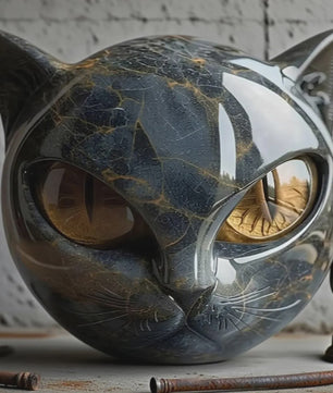 Decoratieve Zwarte Kat Steen Beeldje - Marmerlook Kattenkop voor Kantoor of Cadeau