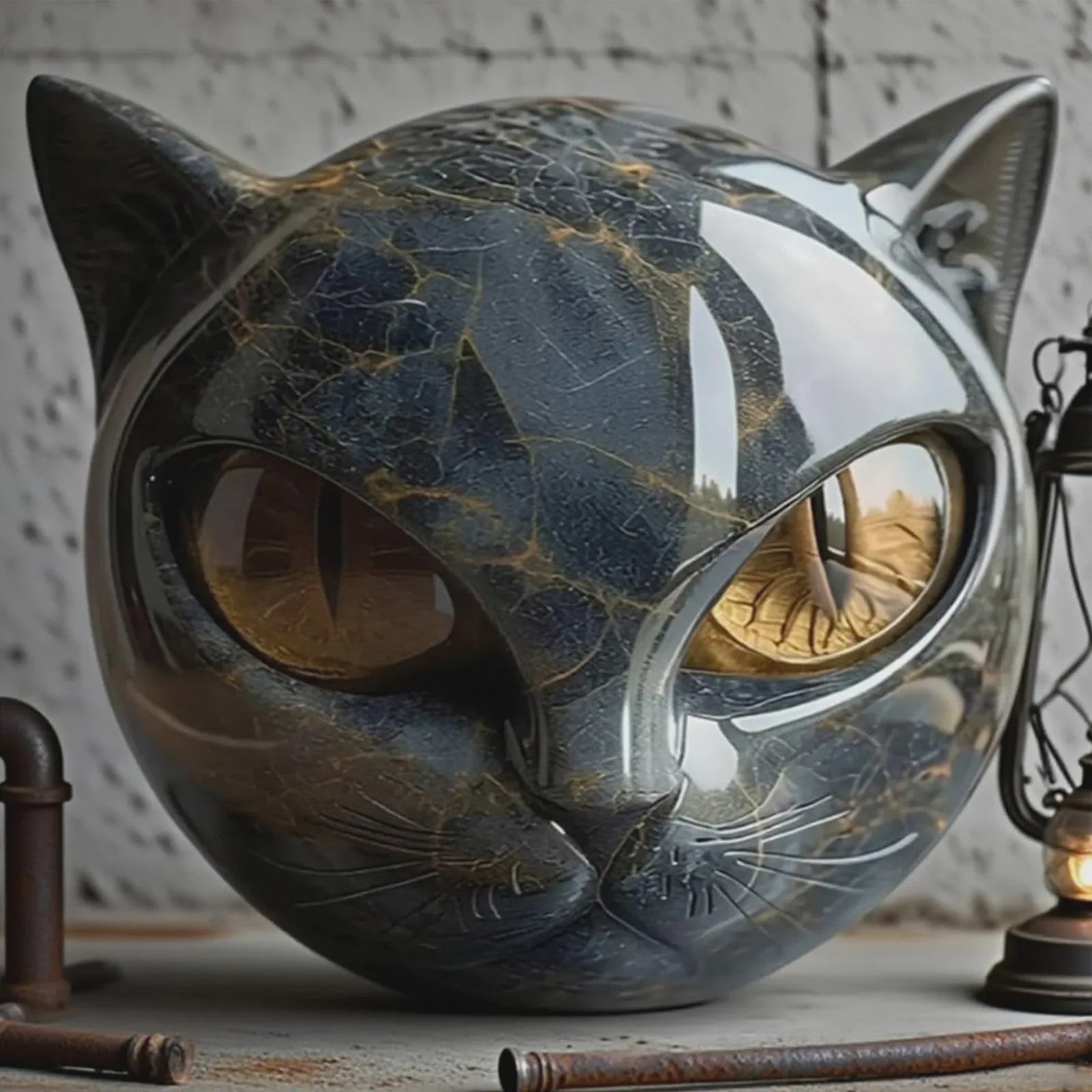 Decoratieve Zwarte Kat Steen Beeldje - Marmerlook Kattenkop voor Kantoor of Cadeau