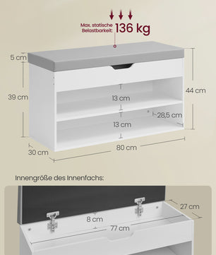 VASAGLE Schoenenbank met Zitkussen - 3 Niveaus Schoenenrek - Wit-Grijs 80x30x44 cm