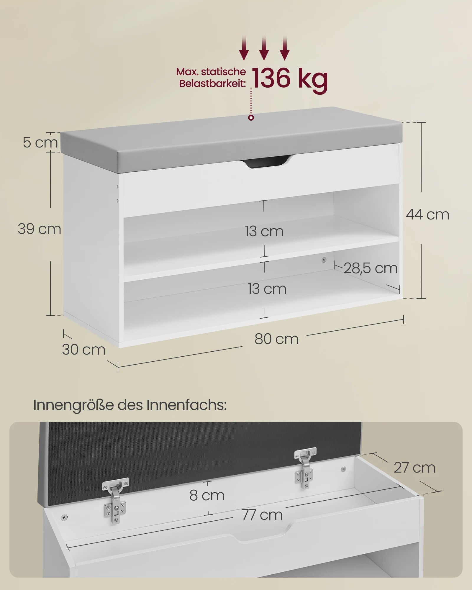 VASAGLE Schoenenbank met Zitkussen - 3 Niveaus Schoenenrek - Wit-Grijs 80x30x44 cm