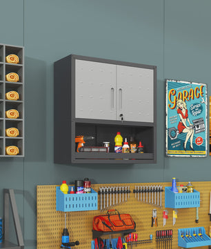 Grijze Metalen Wandkast met Slot, 1 Plank & 1 Open Lade - 75x77x30 cm