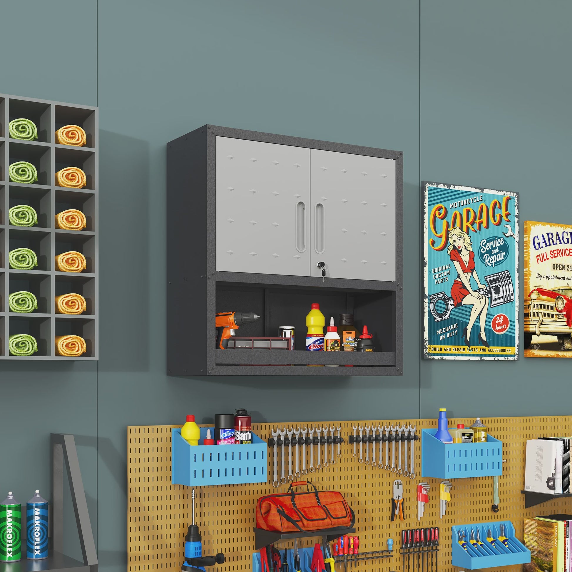 Grijze Metalen Wandkast met Slot, 1 Plank & 1 Open Lade - 75x77x30 cm