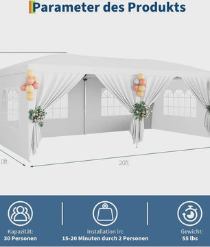 Klapgazebo 3x6m Wit - Ruime Feesttent met 6 Zijwanden voor Feest, Camping & Tuin