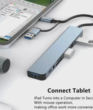 8-in-2 USB-C Hub met SD/TF Kaartlezer, 3.5mm Audio & USB 3.0 Extender voor MacBook/PC/Laptop