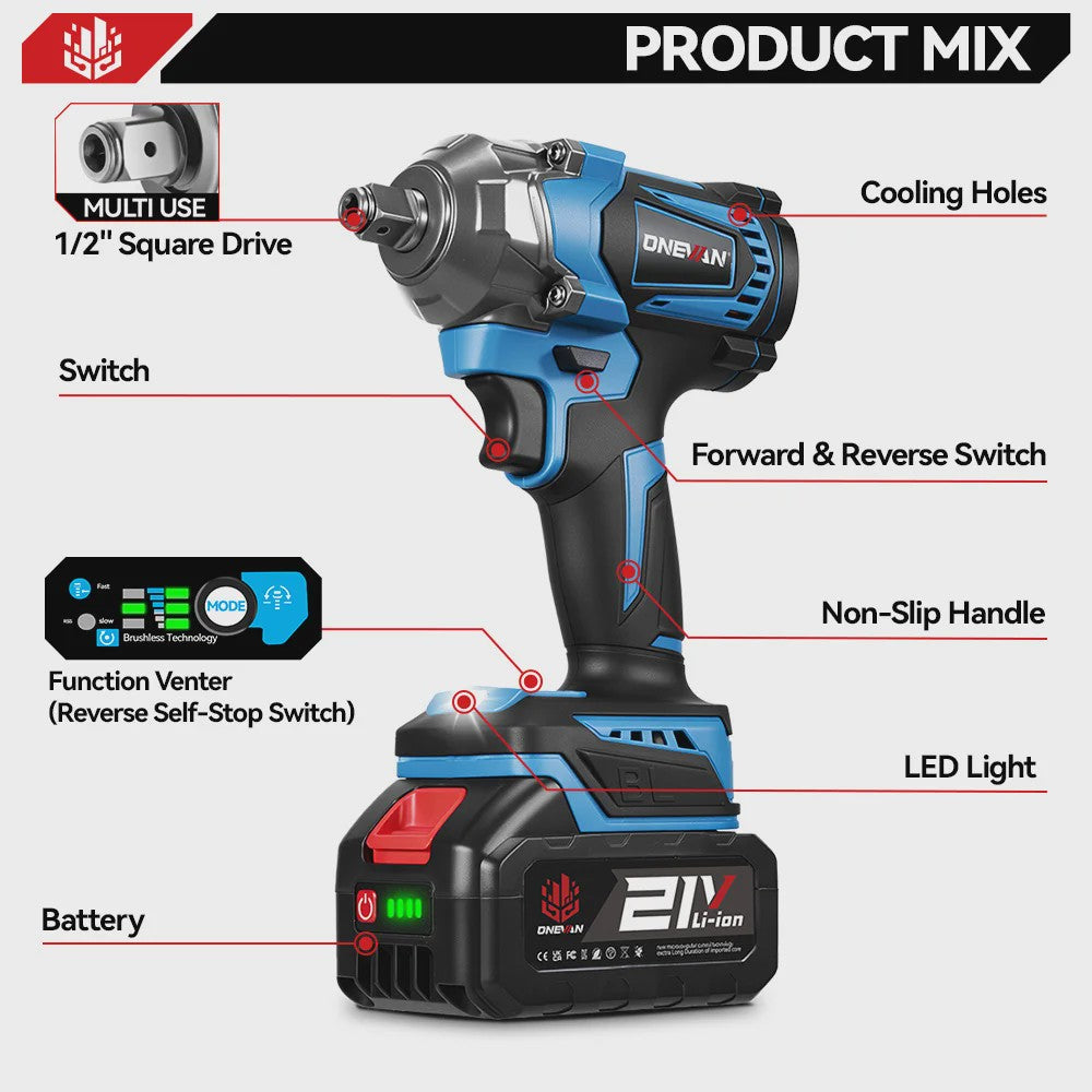 ONEVAN Brushless Accu Slagmoersleutel 1200 Nm - 1/2" Aandrijving