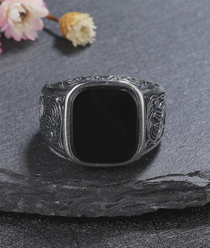 Heren Ring Zwart Onyx Vierkant 12x14mm Vintage Sterling Zilver - Stoere Gothic Statement Ring