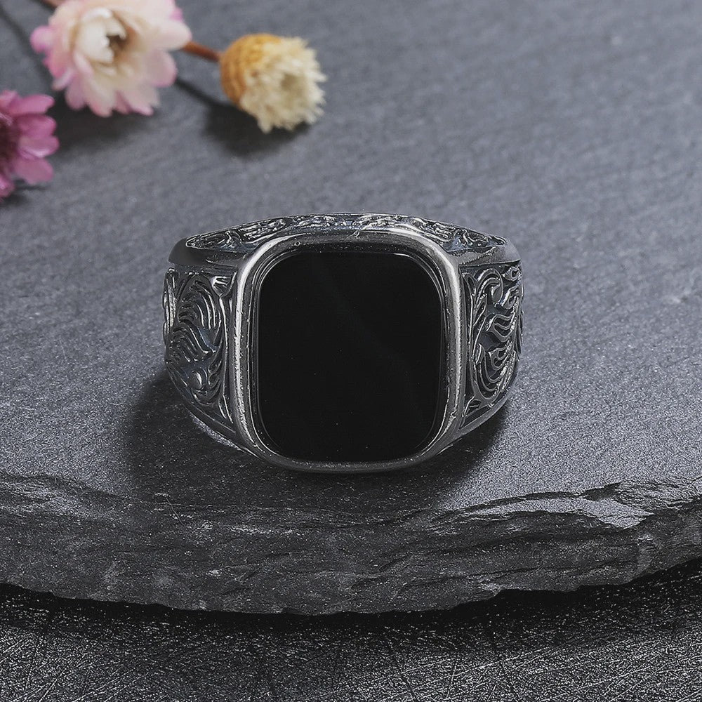 Heren Ring Zwart Onyx Vierkant 12x14mm Vintage Sterling Zilver - Stoere Gothic Statement Ring