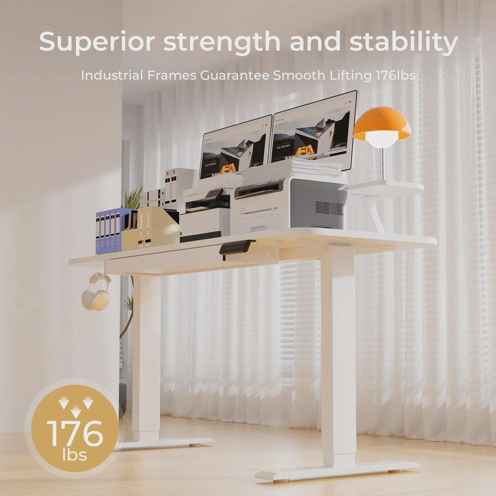 Elektrisch Verstelbaar Bureau met Lade en Monitor/Tablet Stand - Wit