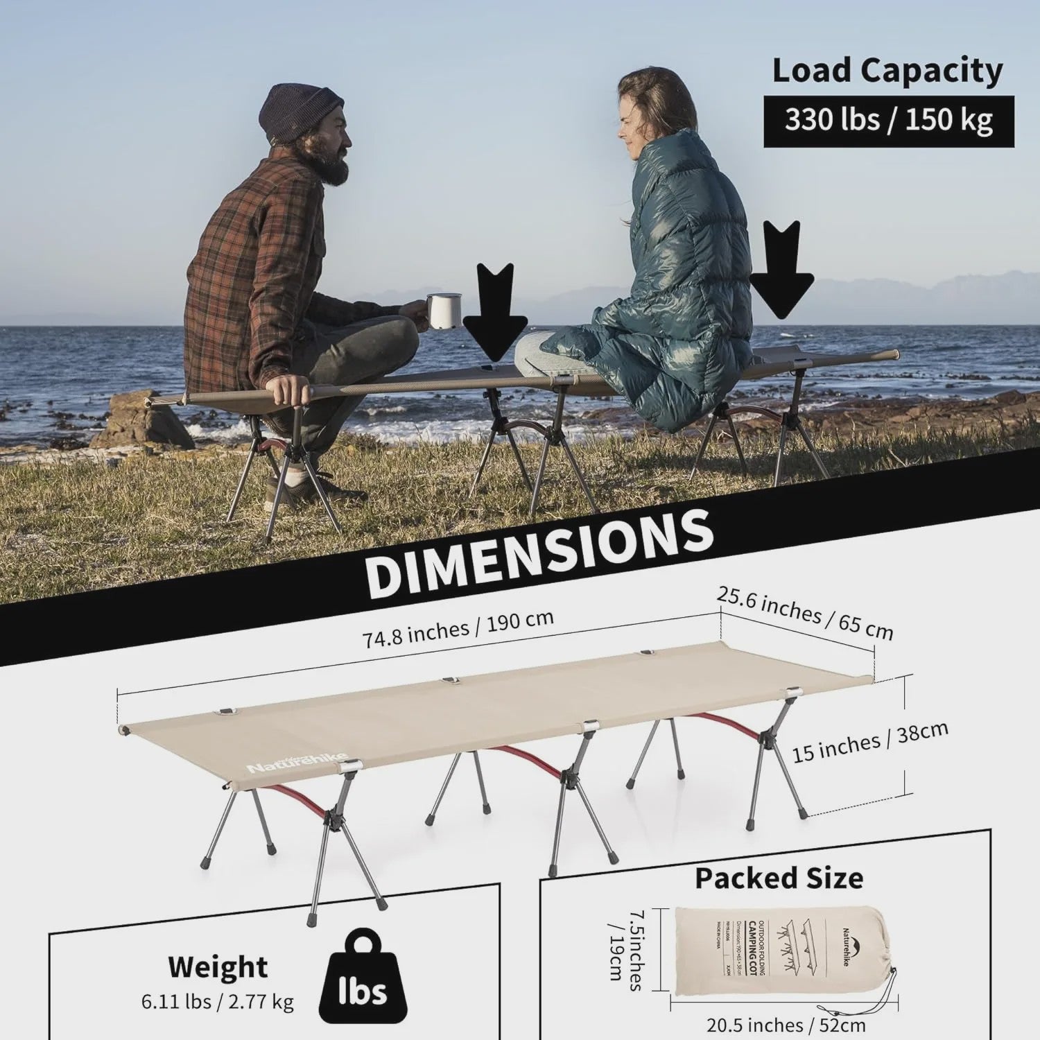 Naturehike Opvouwbaar Campingbed - Lichtgewicht, Verstelbare Hoogte, Draagbaar