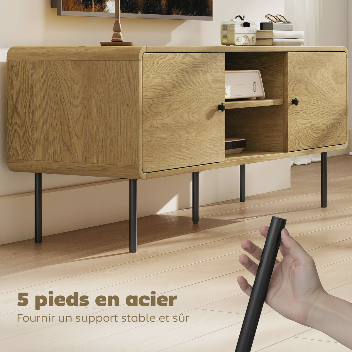 Moderne TV Meubel 120cm Eikenhout Look met Afgeronde Hoeken en Kabelmanagement - Geschikt voor TV's tot 55 Inch