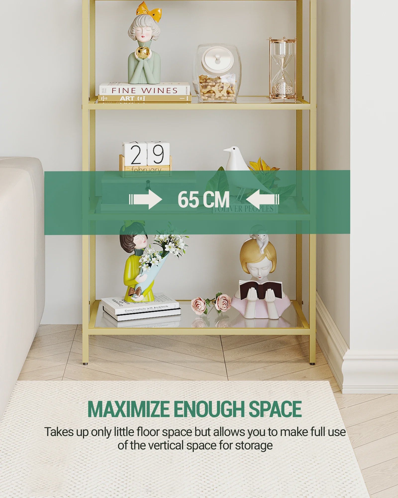 Gouden Boekenkast met 6 Planken van Gehard Glas en Stalen Frame