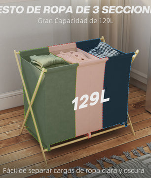 Opvouwbare Wasbox met 3 Vakken - 129L Capaciteit, Bamboe Frame & Uitneembare Zakken