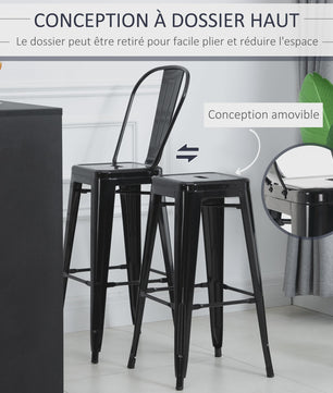 Homcom Set of 4 Metal Bar Stools High Stool Industrial Bar Chair with Backrest Seat Height 76.5 cm Black Metal
