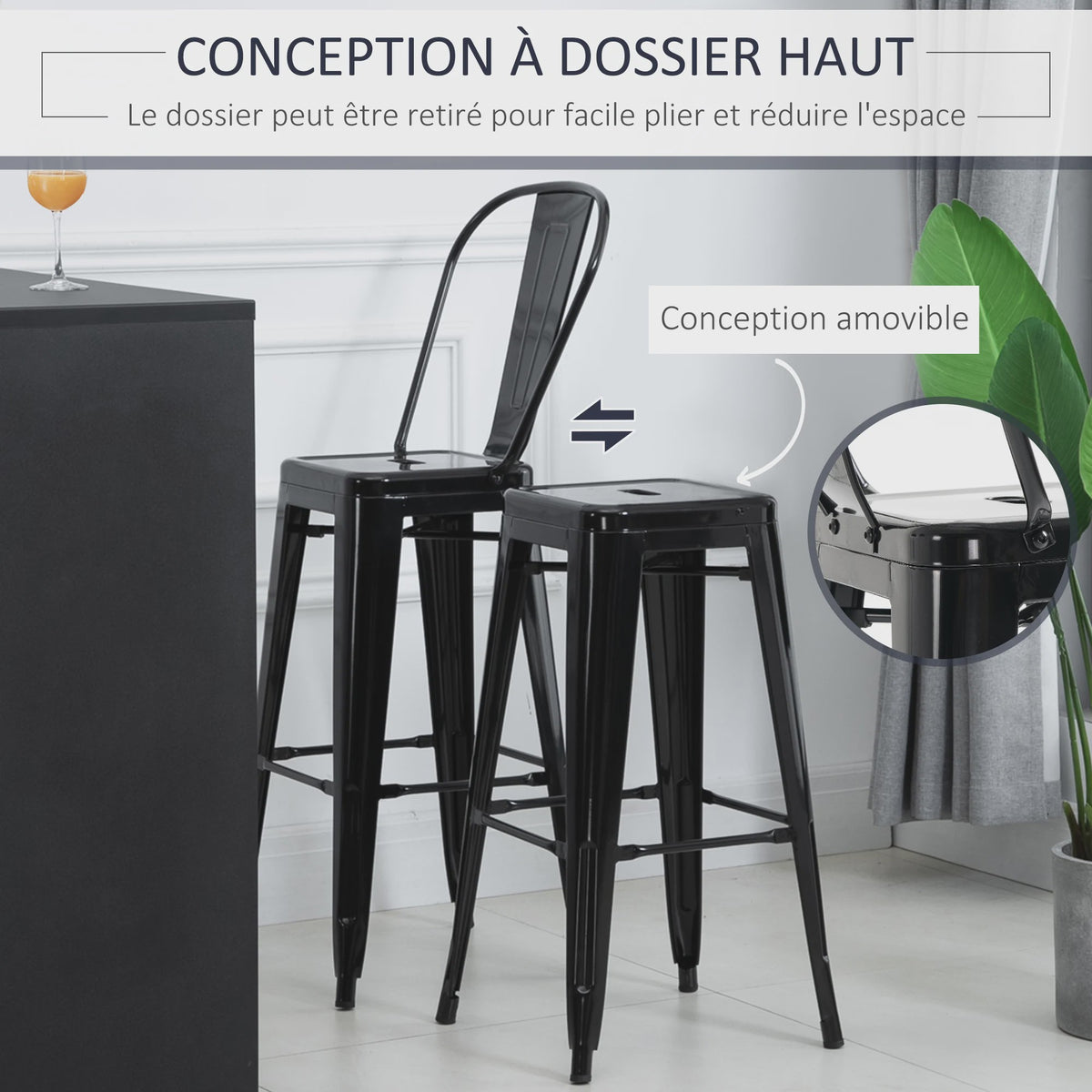 Homcom Set of 4 Metal Bar Stools High Stool Industrial Bar Chair with Backrest Seat Height 76.5 cm Black Metal