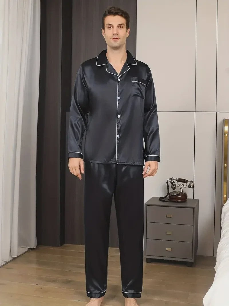 Luxe Heren Pyjama Set van Zijde Satijn: Comfortabele Lange Mouw & Grote Maten Home Suit