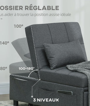 HOMCOM Fauteuil Bed 1-Persoons - Verstelbaar, Grijze Bekleding met Kussen