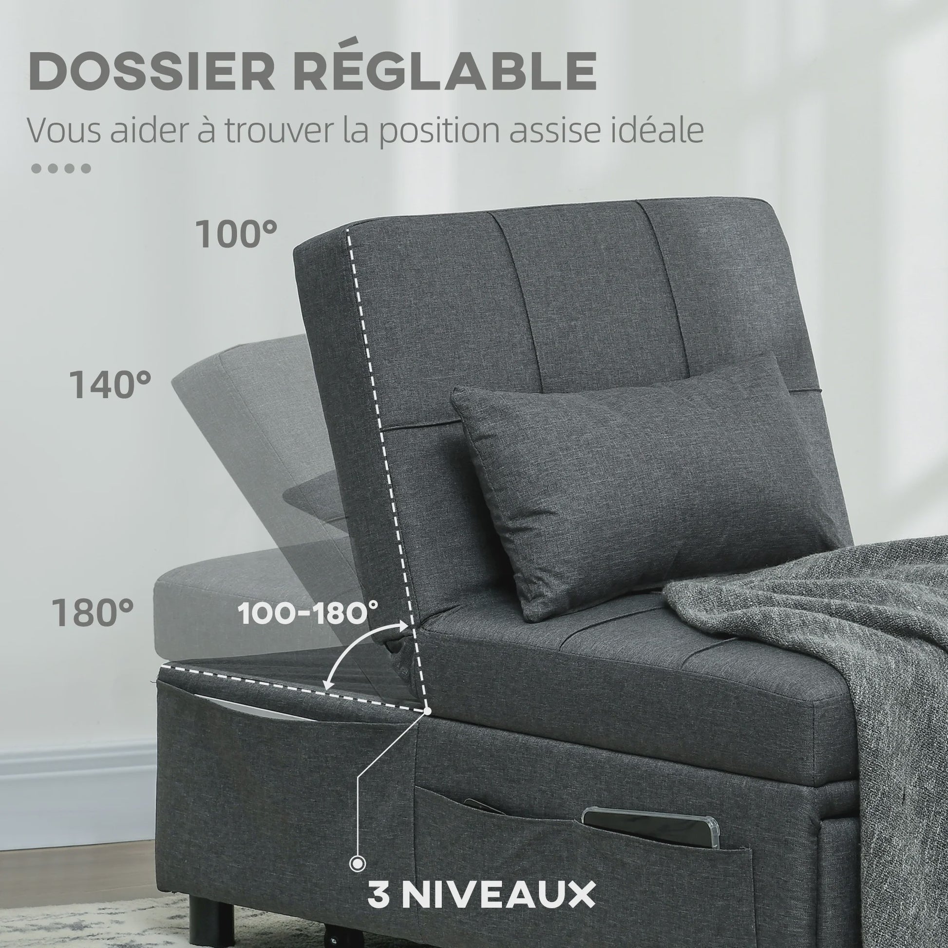 HOMCOM Fauteuil Bed 1-Persoons - Verstelbaar, Grijze Bekleding met Kussen