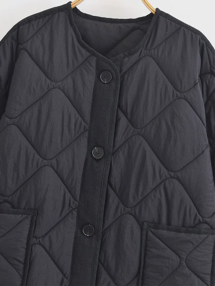 Dames Korte Gewatteerde Jas met Ronde Hals - Stijlvolle Herfst/Winter Casual Jas