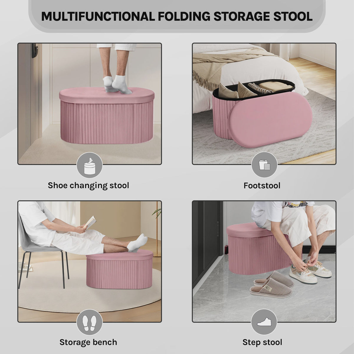 Ronde Opbergpoef met Afneembare Deksel - Beige Fluweel