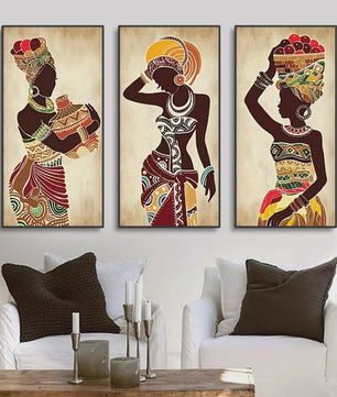 Set van 3 Afrikaanse Vrouwen Canvas Schilderijen - Vintage Wanddecoratie